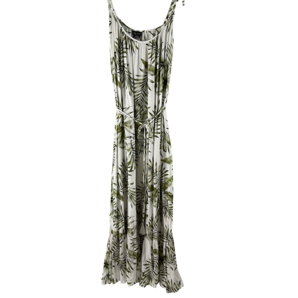 Tropical Palm Print Maxi Dress XL 22 White Green Tie Waist Pockets Resort Summer